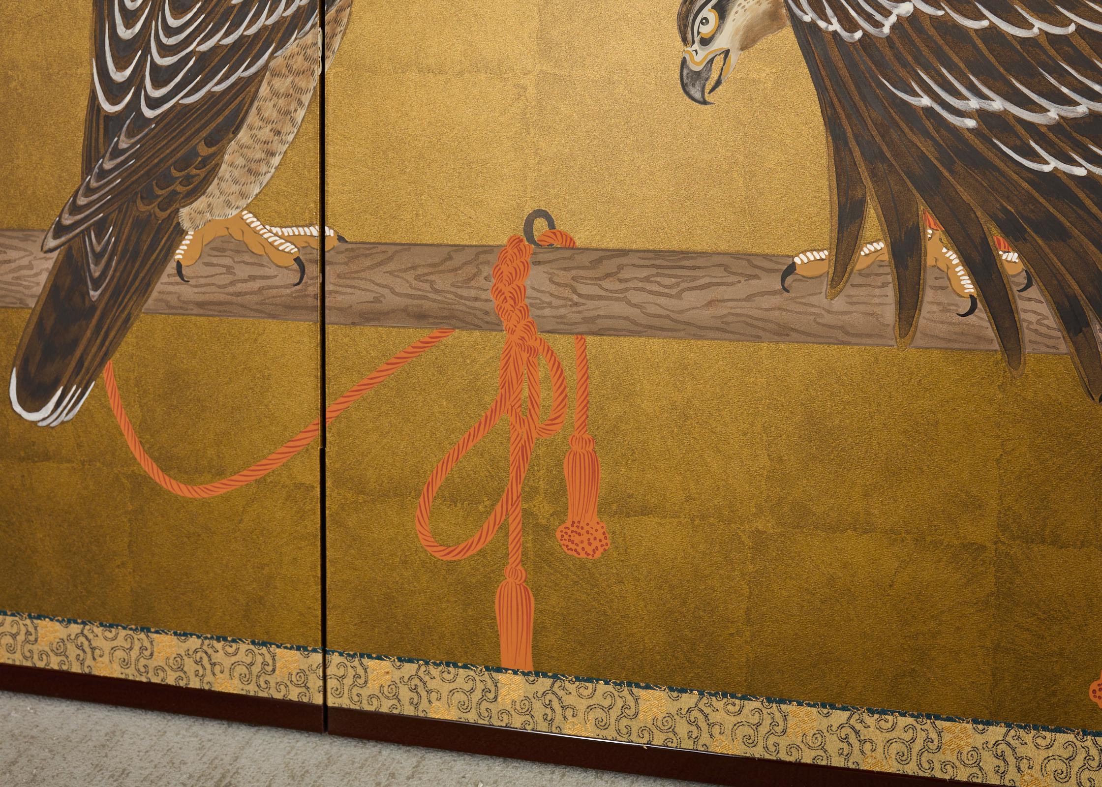 Japanese Showa Two Panel Screen Pair of Tethered Hawks For Sale 5