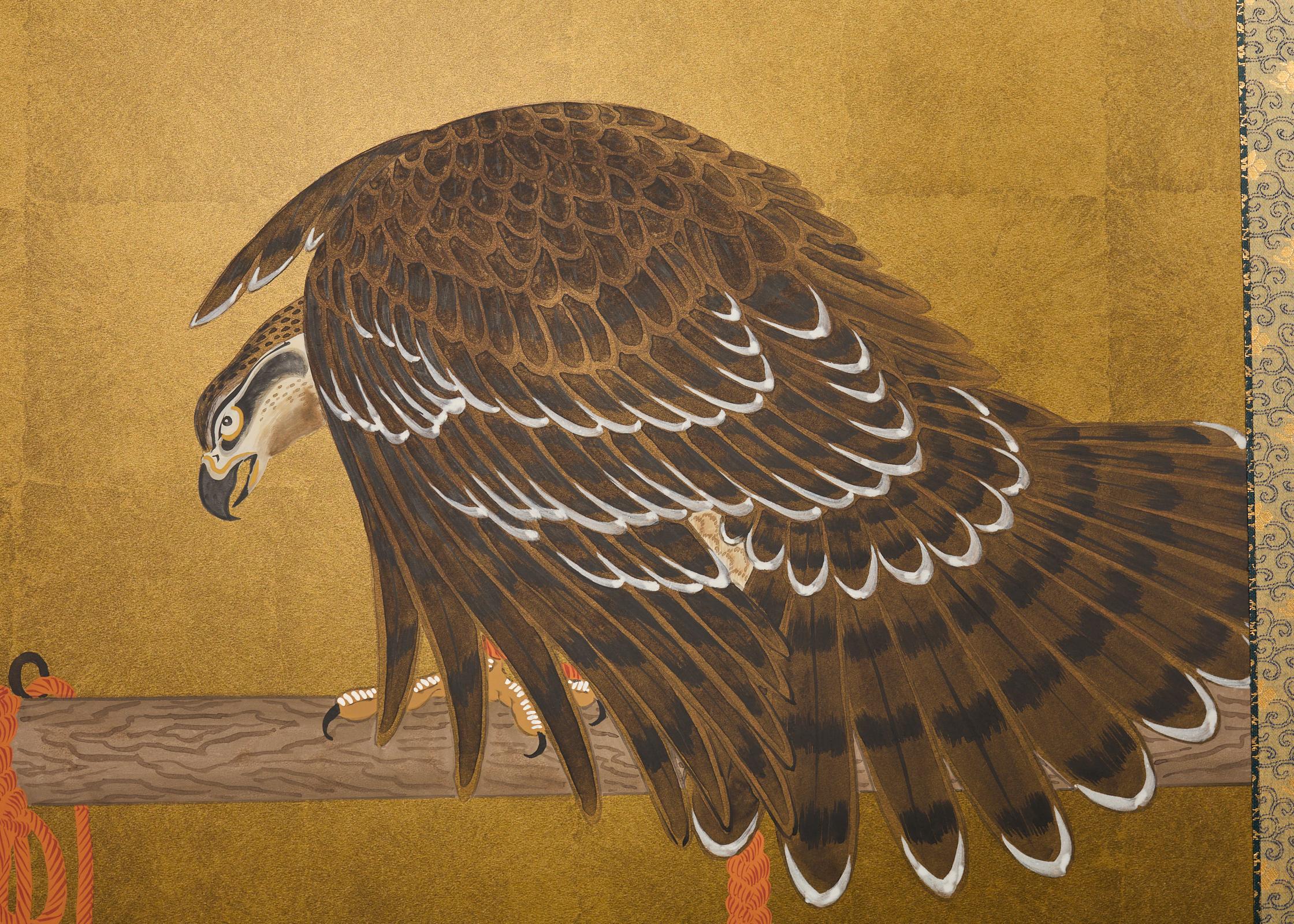 Japanese Showa Two Panel Screen Pair of Tethered Hawks For Sale 6