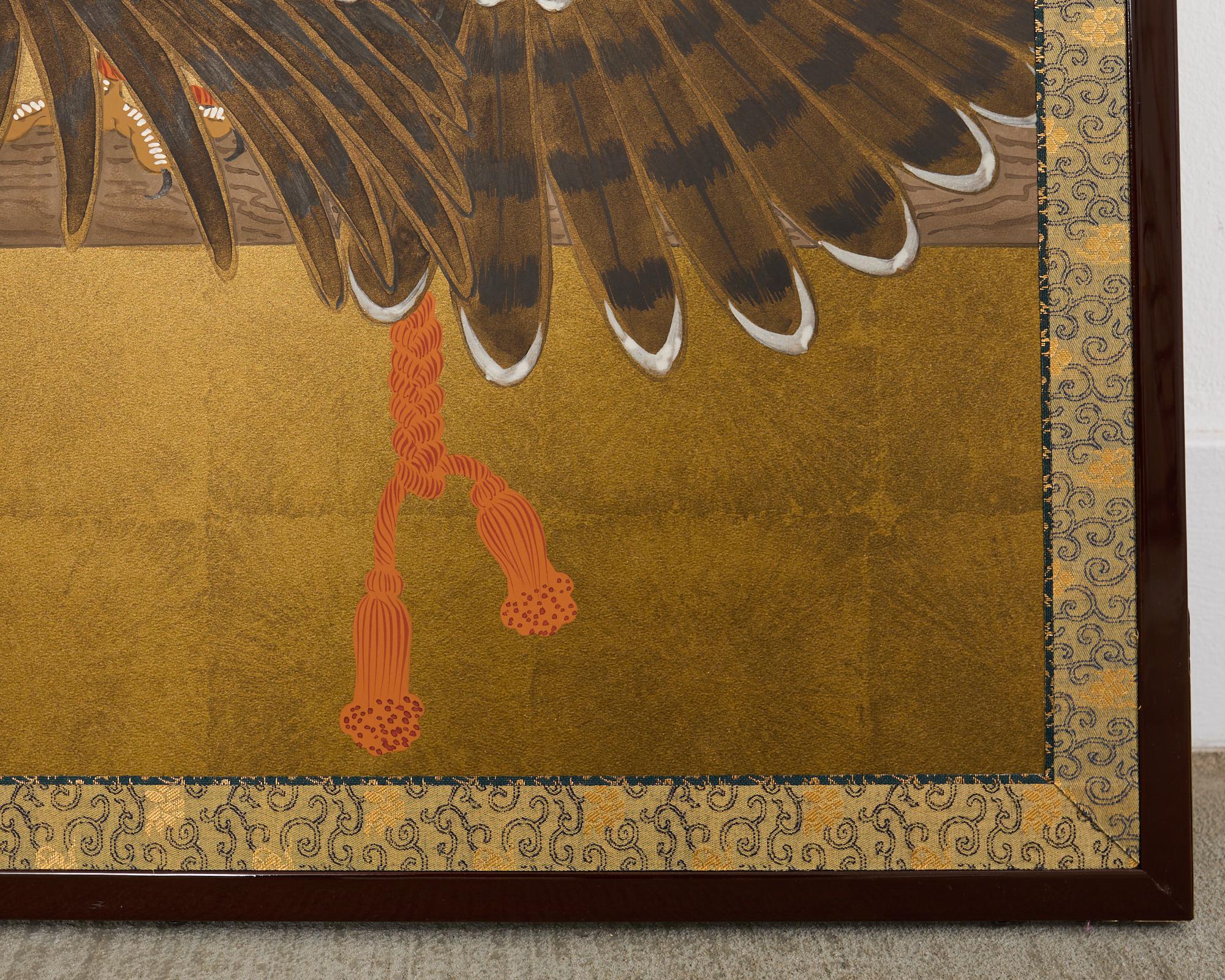 Japanese Showa Two Panel Screen Pair of Tethered Hawks For Sale 7