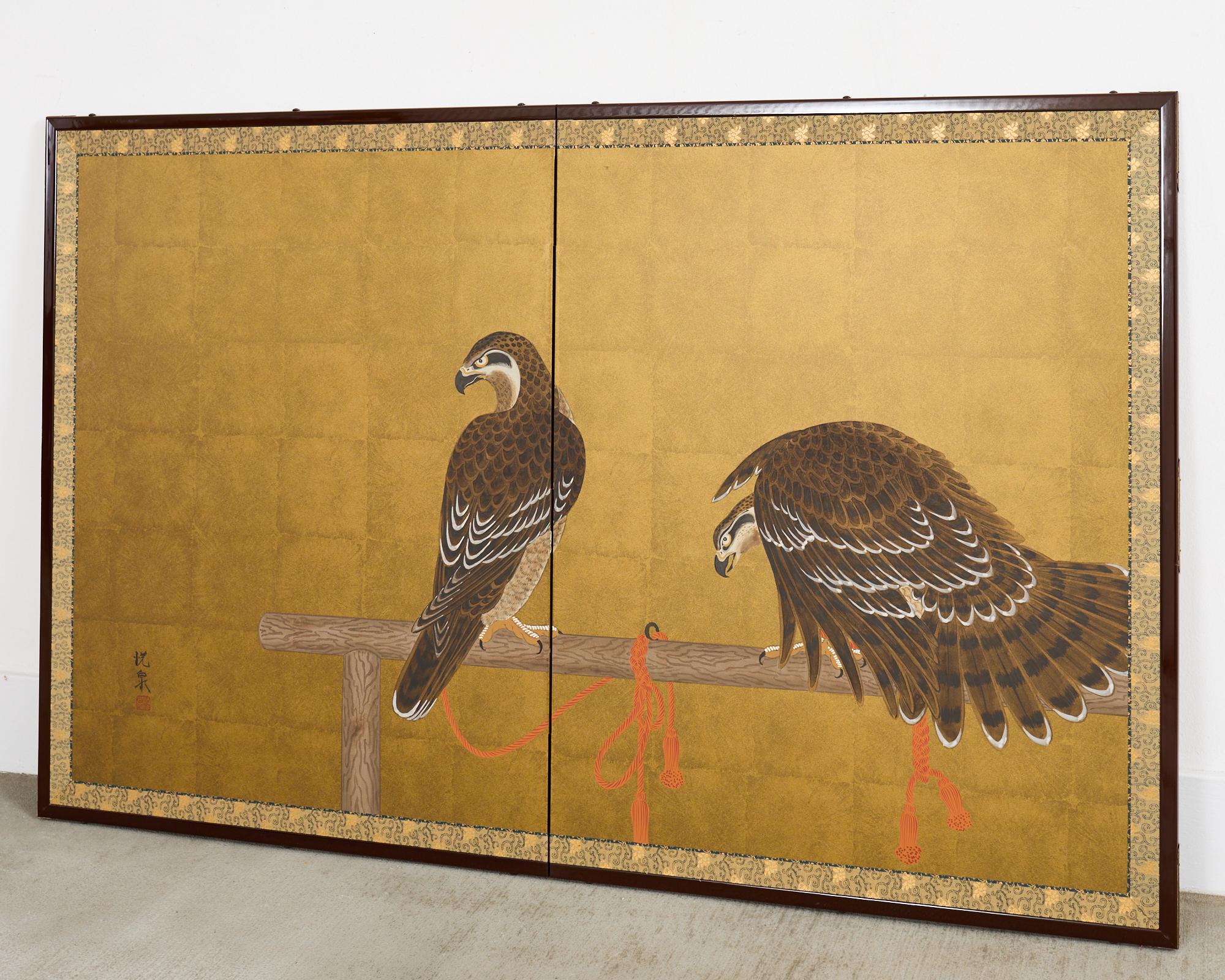 Japanese Showa Two Panel Screen Pair of Tethered Hawks For Sale 8