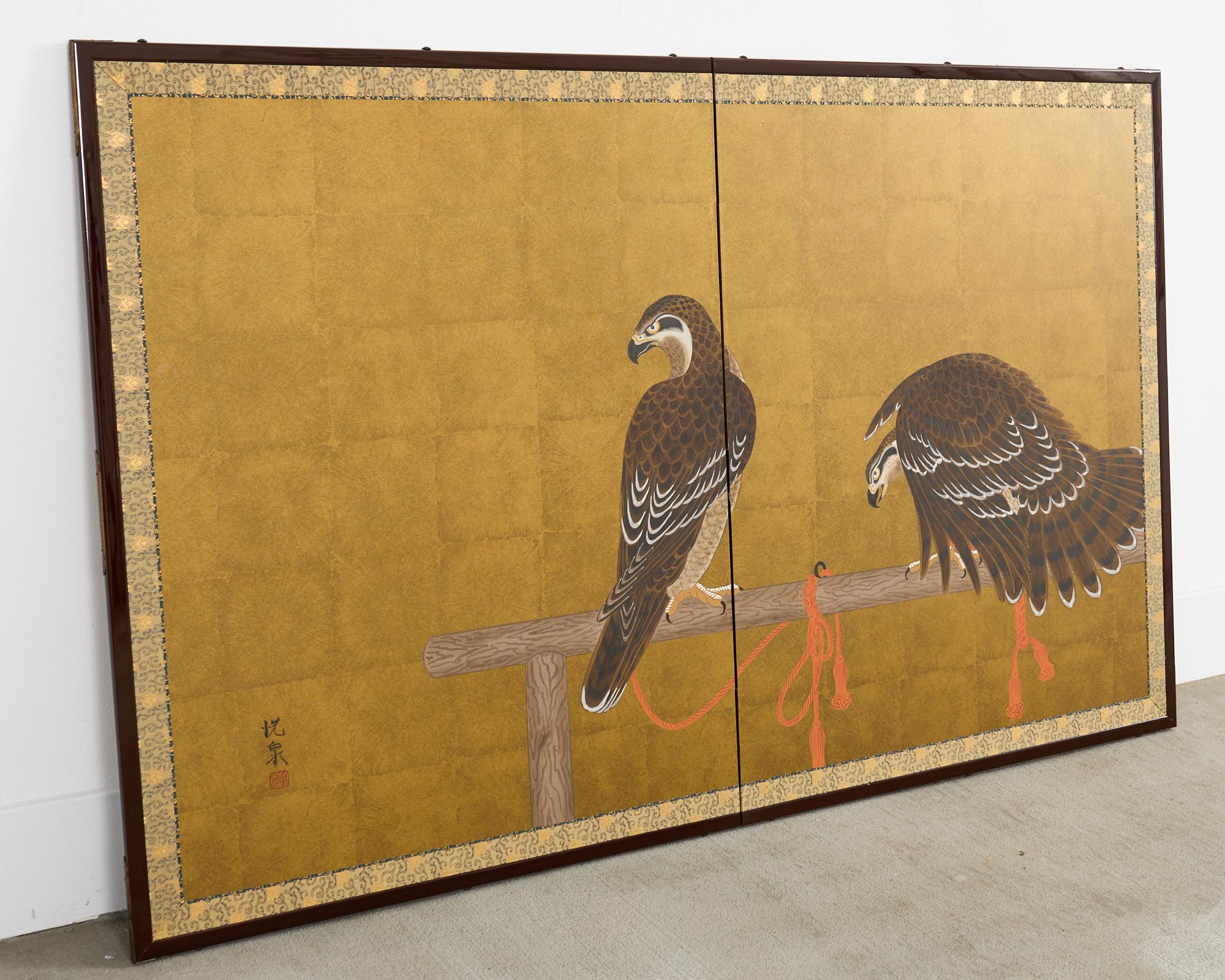 Japanese Showa Two Panel Screen Pair of Tethered Hawks For Sale 9
