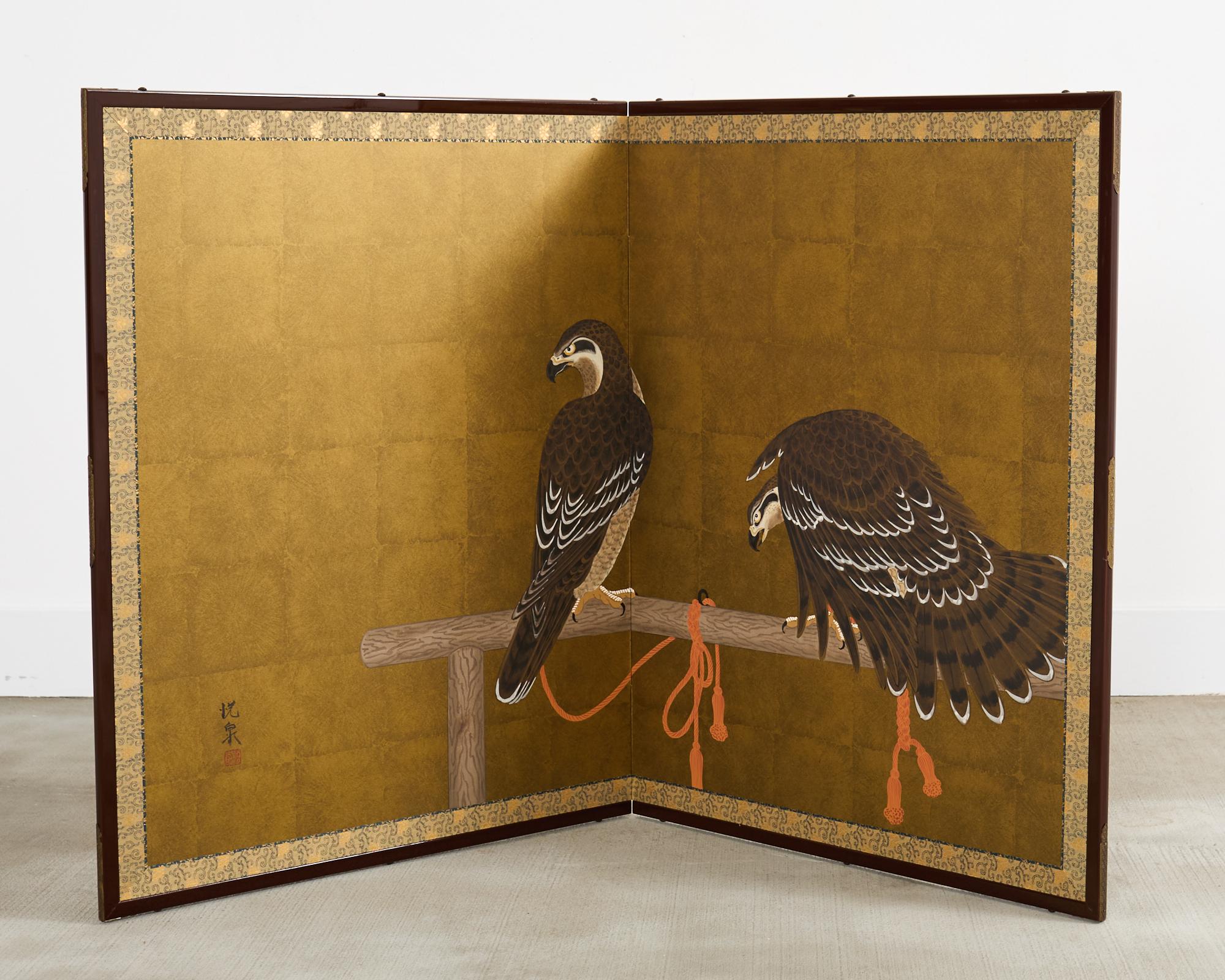 Japanese Showa Two Panel Screen Pair of Tethered Hawks For Sale 10