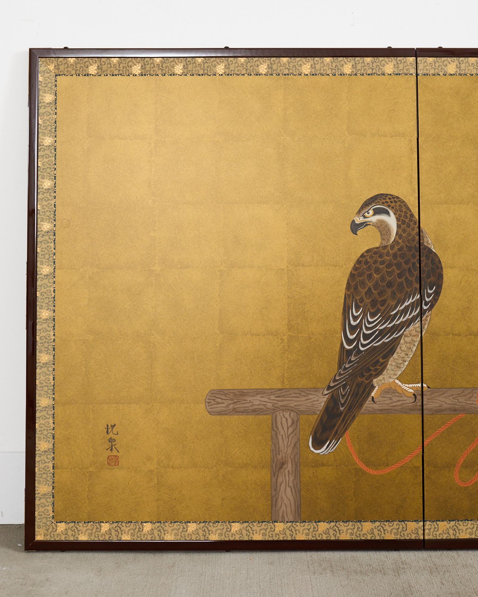 Hand-Crafted Japanese Showa Two Panel Screen Pair of Tethered Hawks For Sale