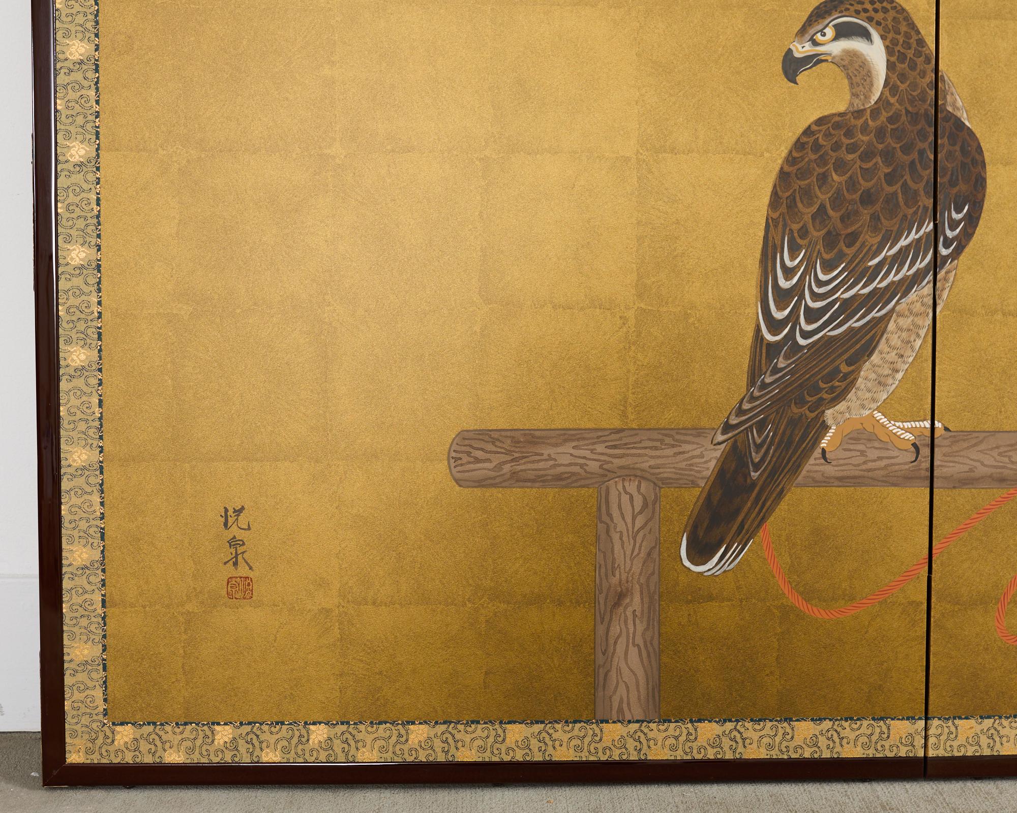 Brass Japanese Showa Two Panel Screen Pair of Tethered Hawks For Sale