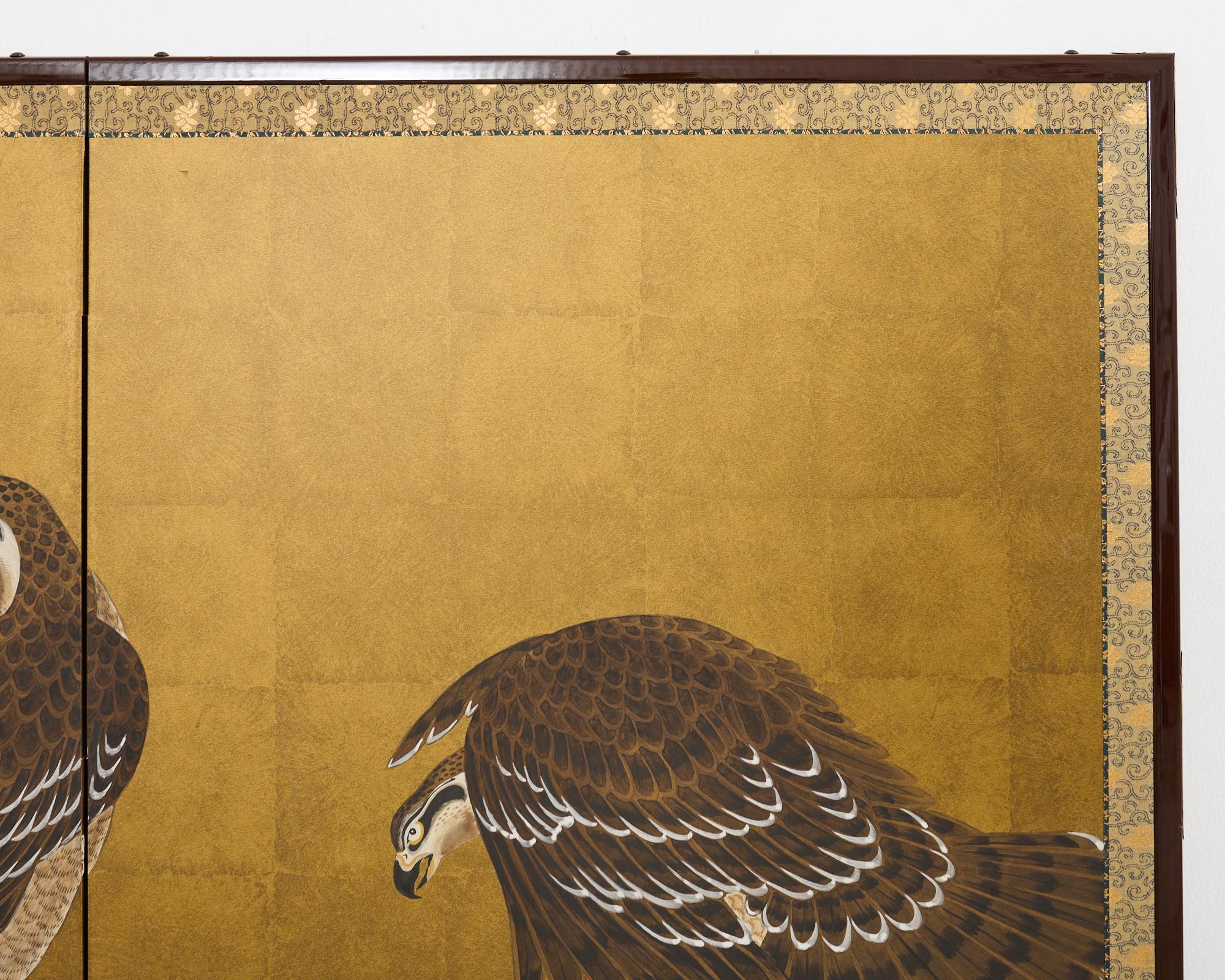 Japanese Showa Two Panel Screen Pair of Tethered Hawks For Sale 1
