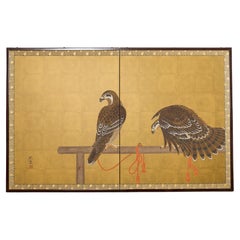 Biombo japonés Showa de dos paneles Pareja de halcones atados