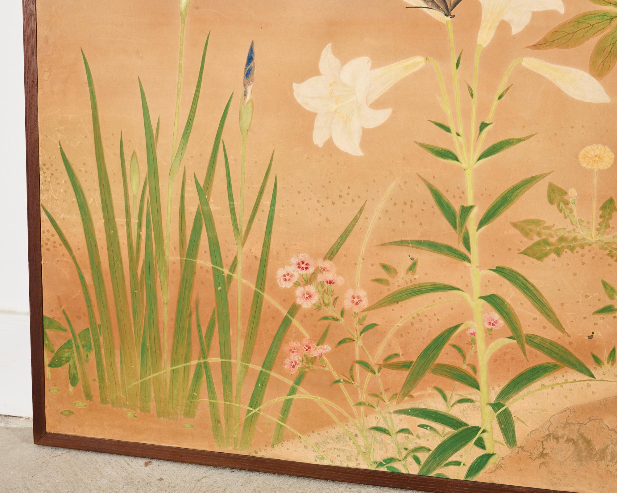 Japanese Showa Two Panel Screen Spring Flora and Fauna For Sale 4