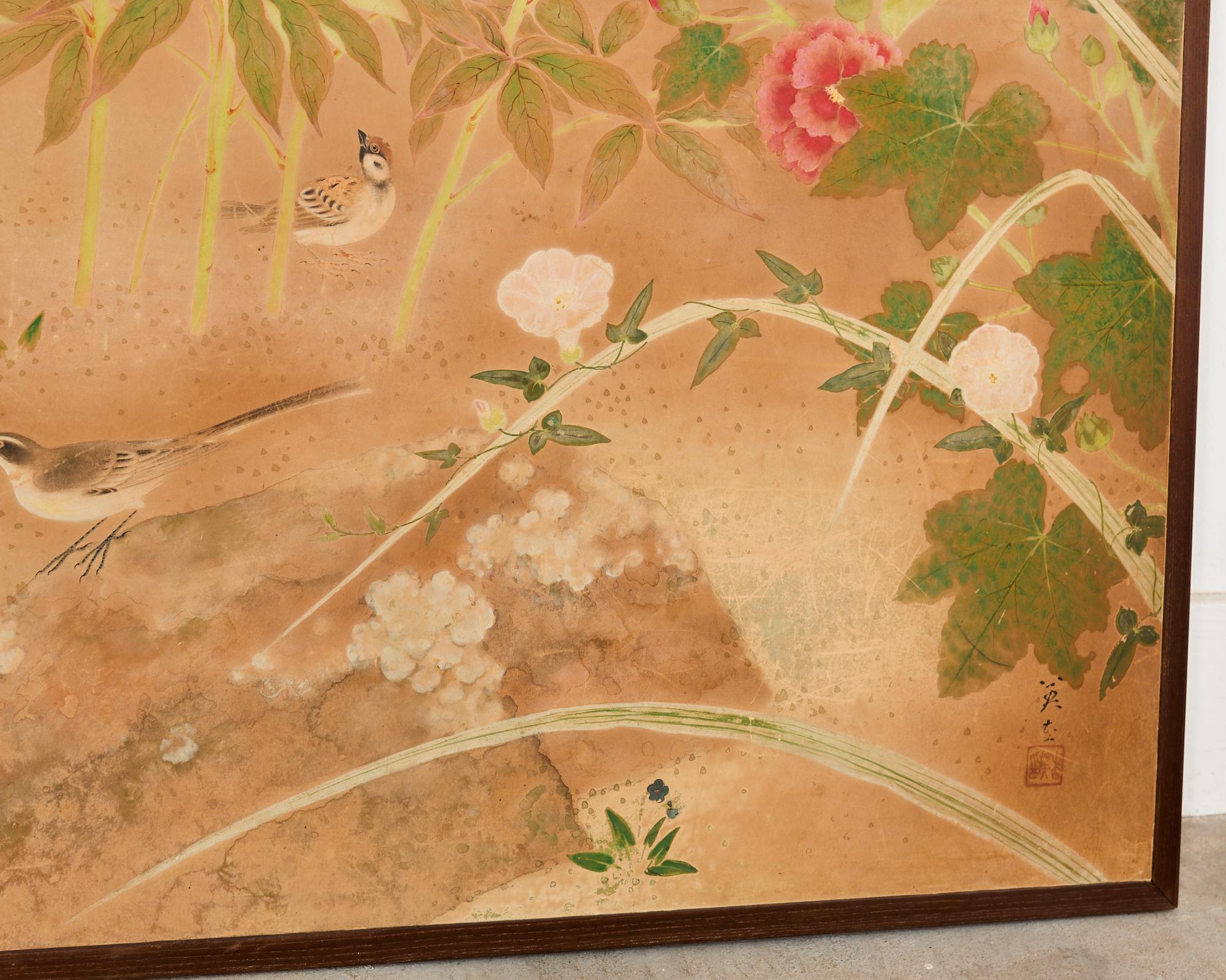 Japanese Showa Two Panel Screen Spring Flora and Fauna For Sale 5