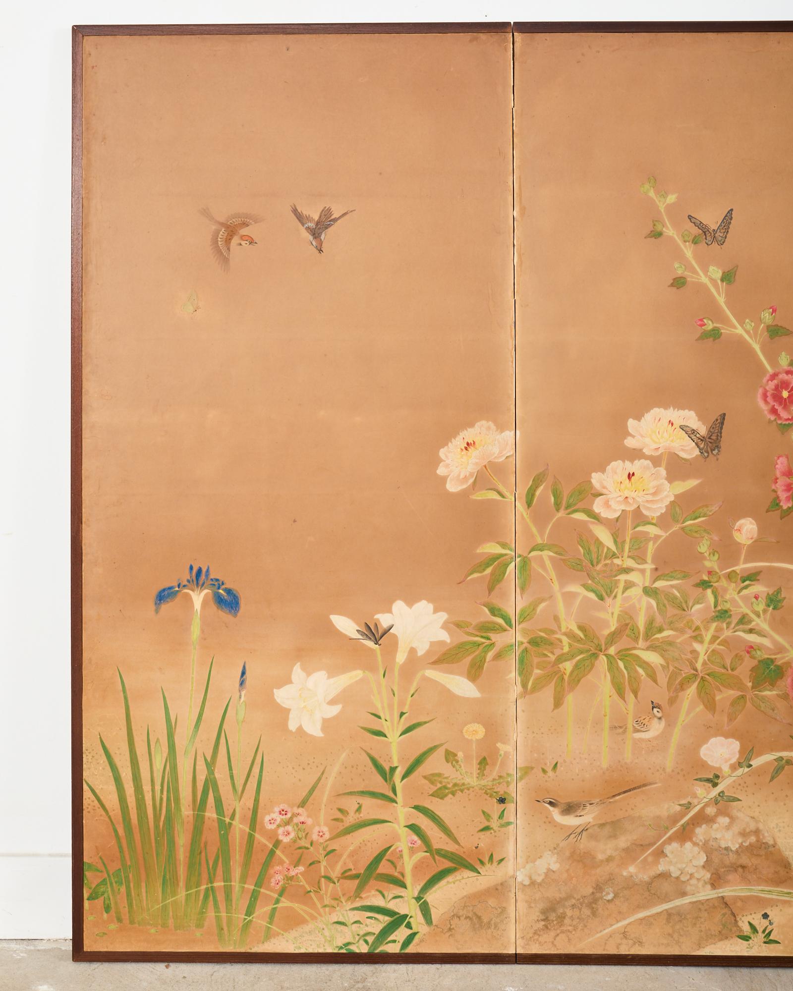 Hand-Crafted Japanese Showa Two Panel Screen Spring Flora and Fauna For Sale