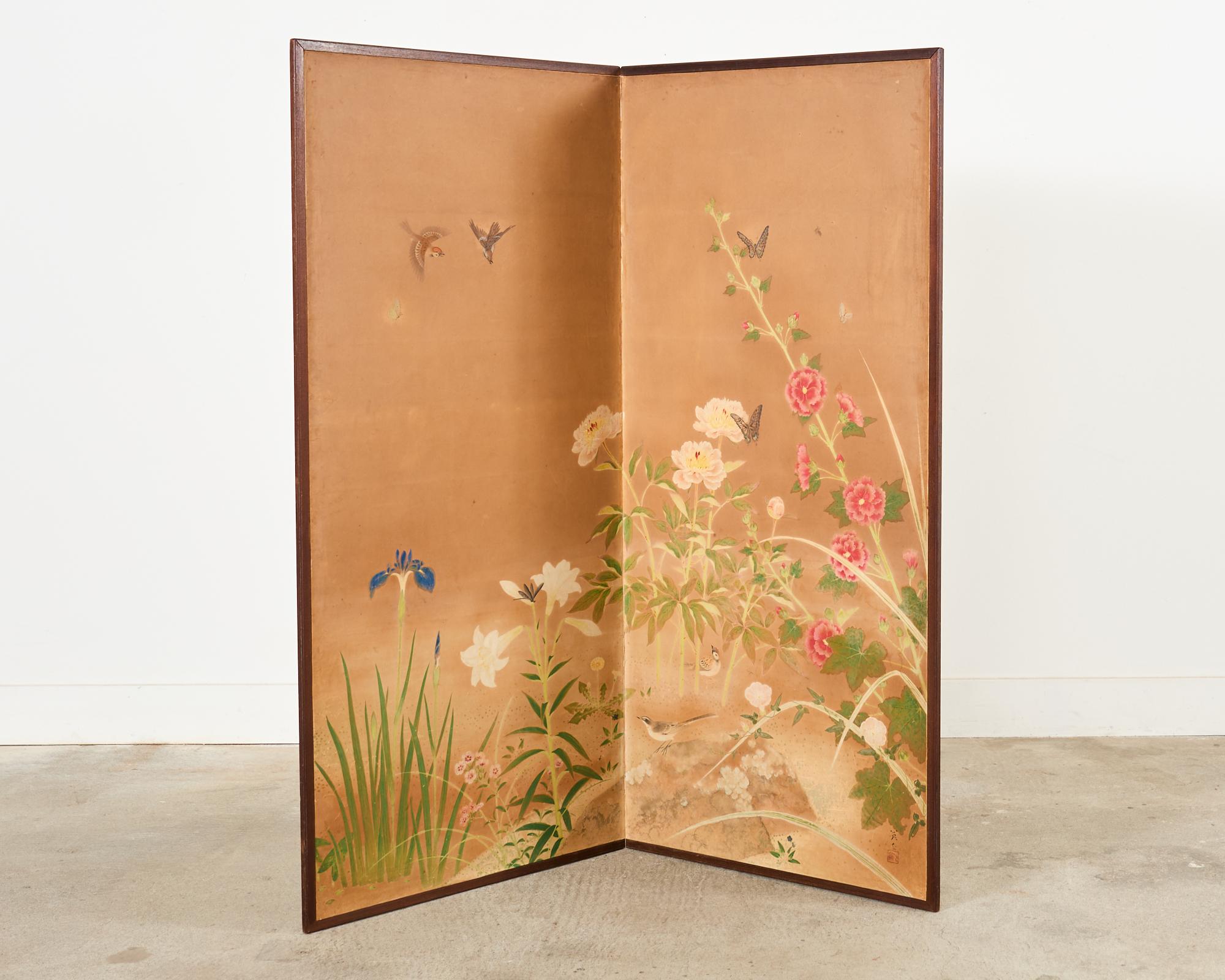 20th Century Japanese Showa Two Panel Screen Spring Flora and Fauna For Sale