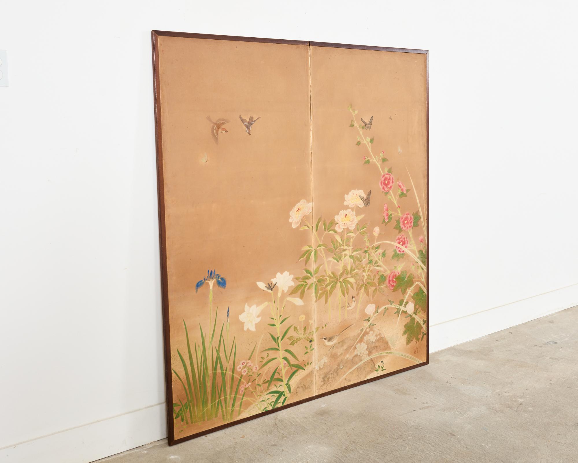 Japanese Showa Two Panel Screen Spring Flora and Fauna For Sale 1