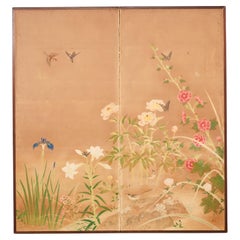 Japanese Showa-Raumteiler mit zwei Tafeln, Frühlings-Blumen- und Fauna