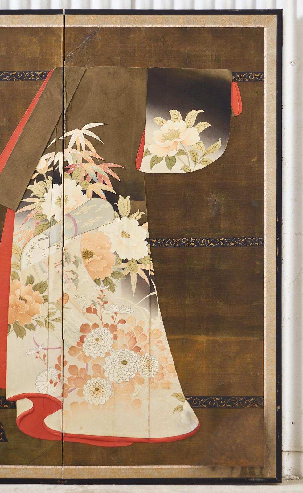 Lacquered Japanese Showa Two Panel Screen Tagasode, 'Whose Sleeves?' For Sale