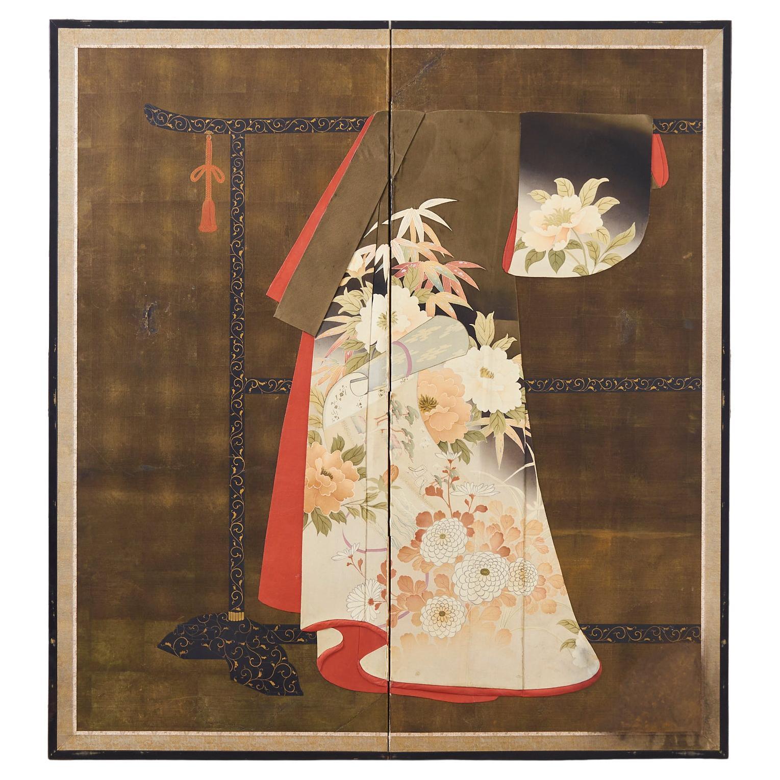 Japanese Showa Two Panel Screen Tagasode, 'Whose Sleeves?' For Sale