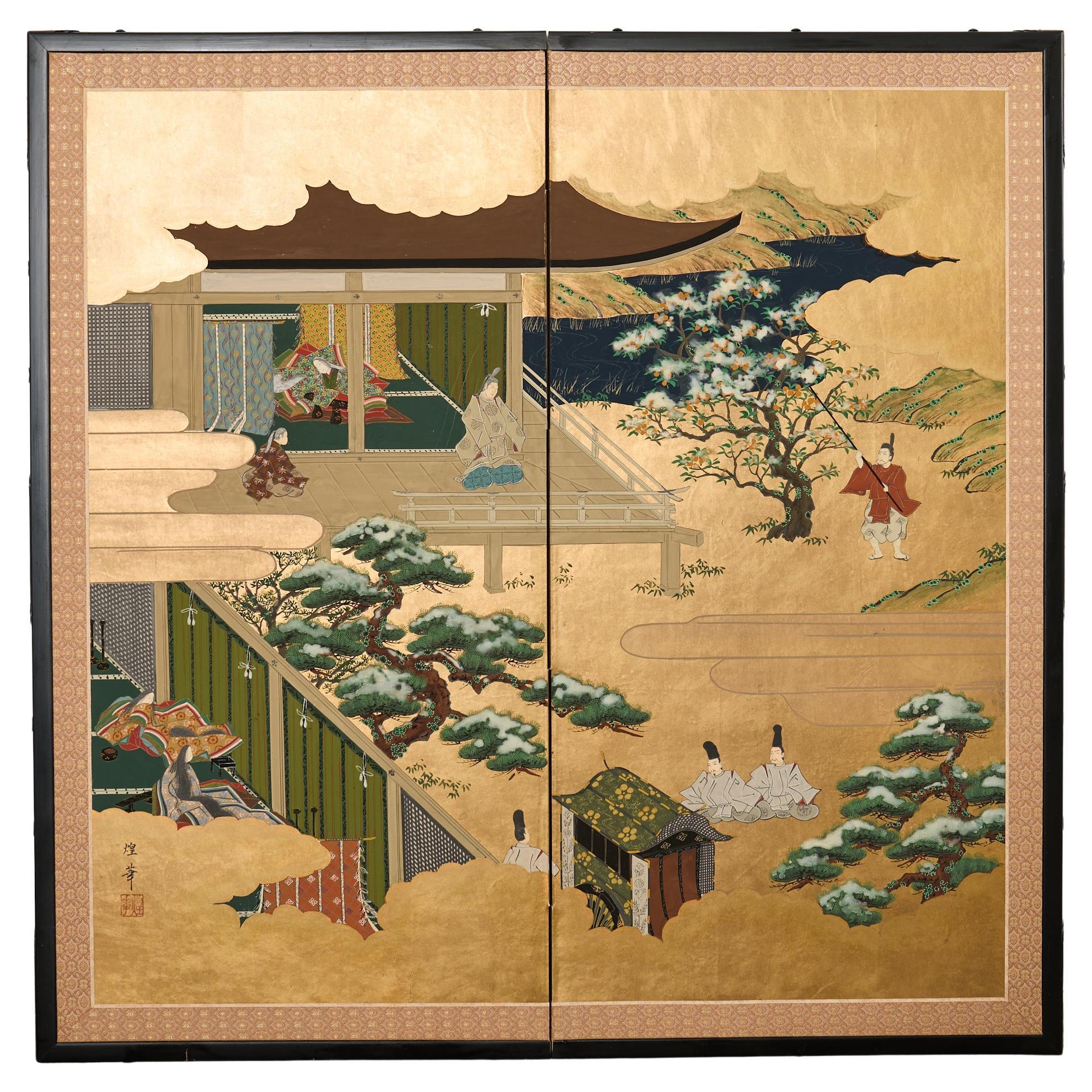 Japanese Showa Two Panel Screen Tale of Genji Ch. 6