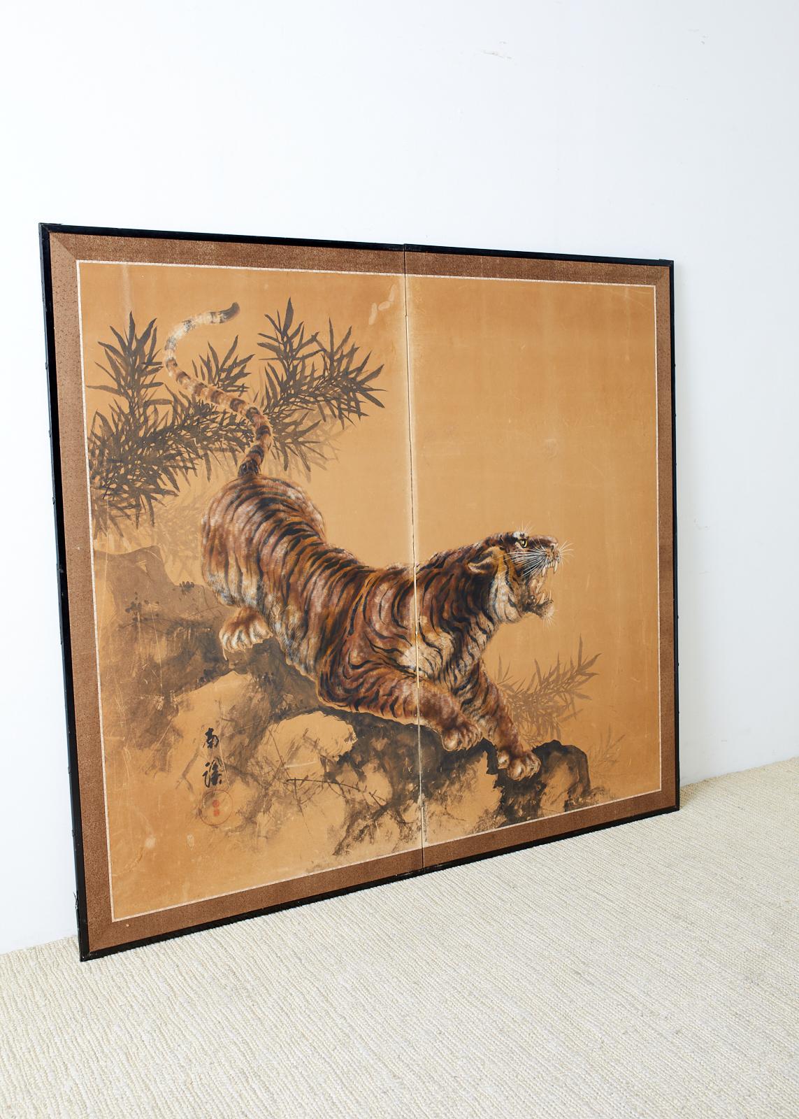 Japanese Showa Two-Panel Screen Tiger and Bamboo 7