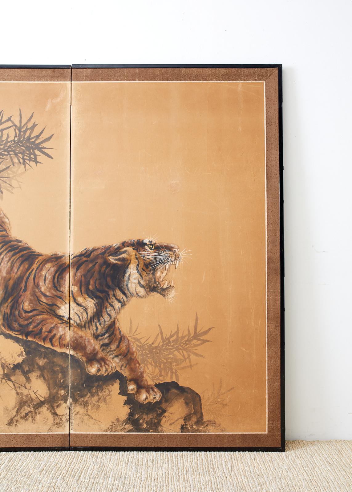 Hand-Crafted Japanese Showa Two-Panel Screen Tiger and Bamboo