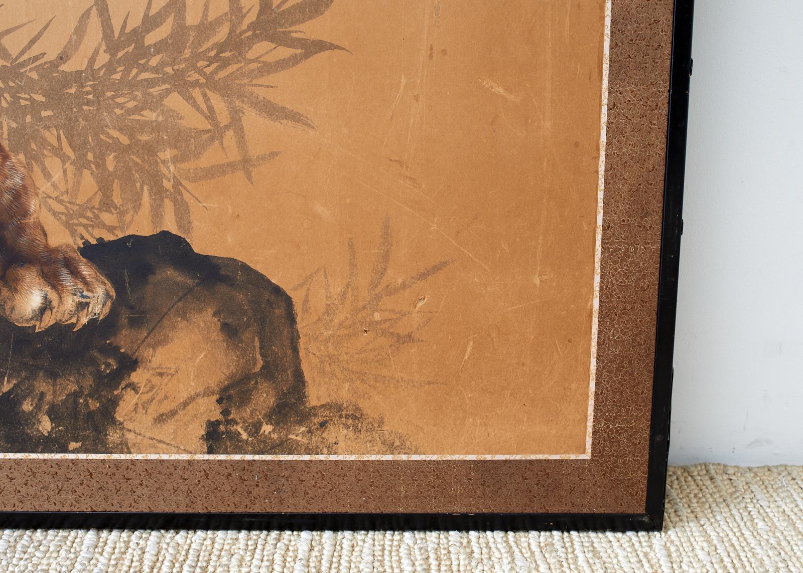 20th Century Japanese Showa Two-Panel Screen Tiger and Bamboo