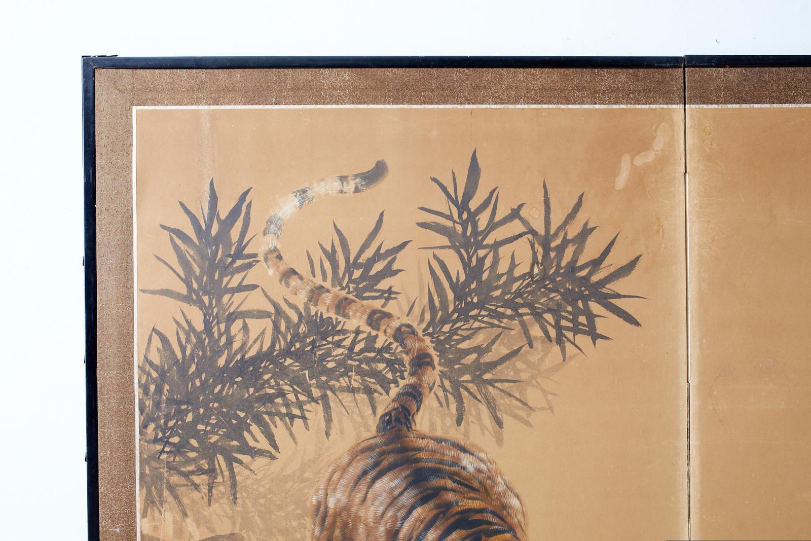 Brass Japanese Showa Two-Panel Screen Tiger and Bamboo
