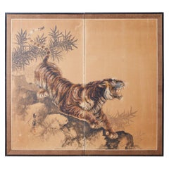 Vintage Japanese Showa Two-Panel Screen Tiger and Bamboo