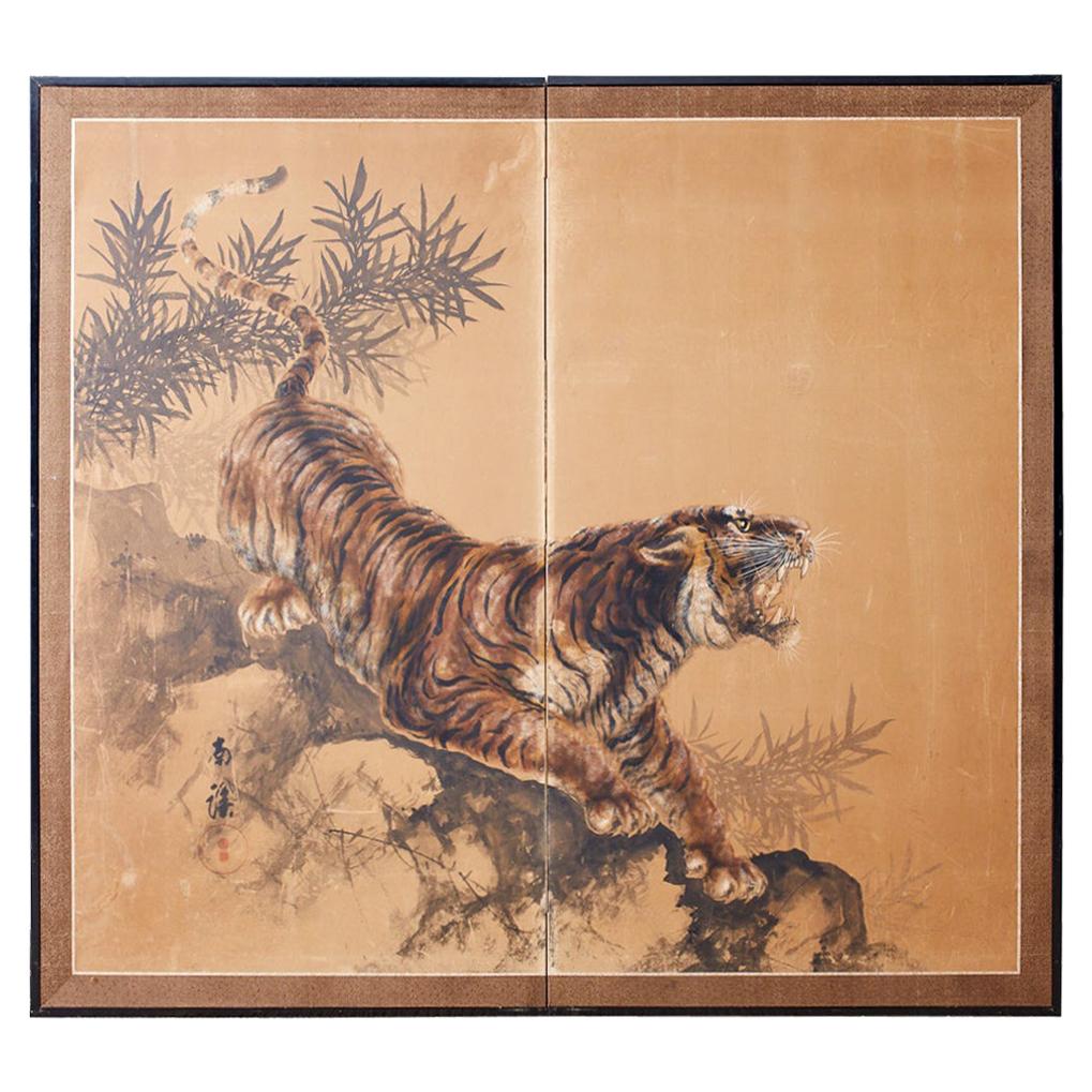 Japanese Showa Two-Panel Screen Tiger and Bamboo