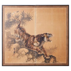 Japanese Showa Two-Panel Screen Tiger and Bamboo
