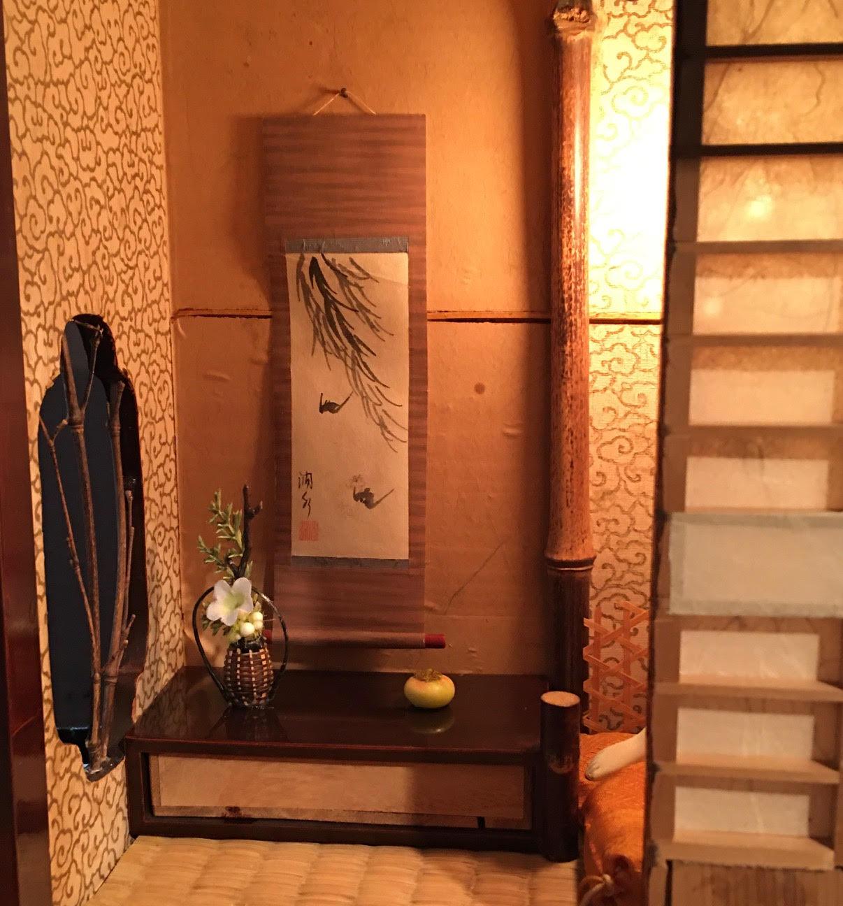 Japanese Shunga in a tea house. Extremely rare masterpiece in the category Shunga (erotic art) The tea house is crafted to perfection with beautiful lacquer work, Shoji screens and windows It has a Tokonoma displaying a scroll, Ikebana flower