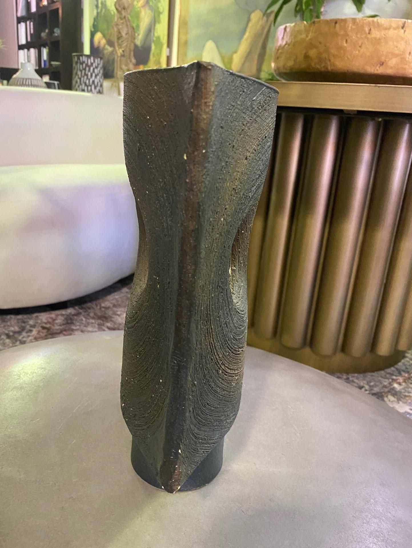 Fired Japanese Signed Abstract Mid-Century Modern Bizen Ware Pottery Sculpture Vase