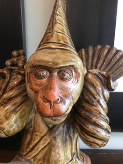 Japanese Signed Glazed Edo/Meiji Ceramic Pottery Monkey with Custom Wood Stand