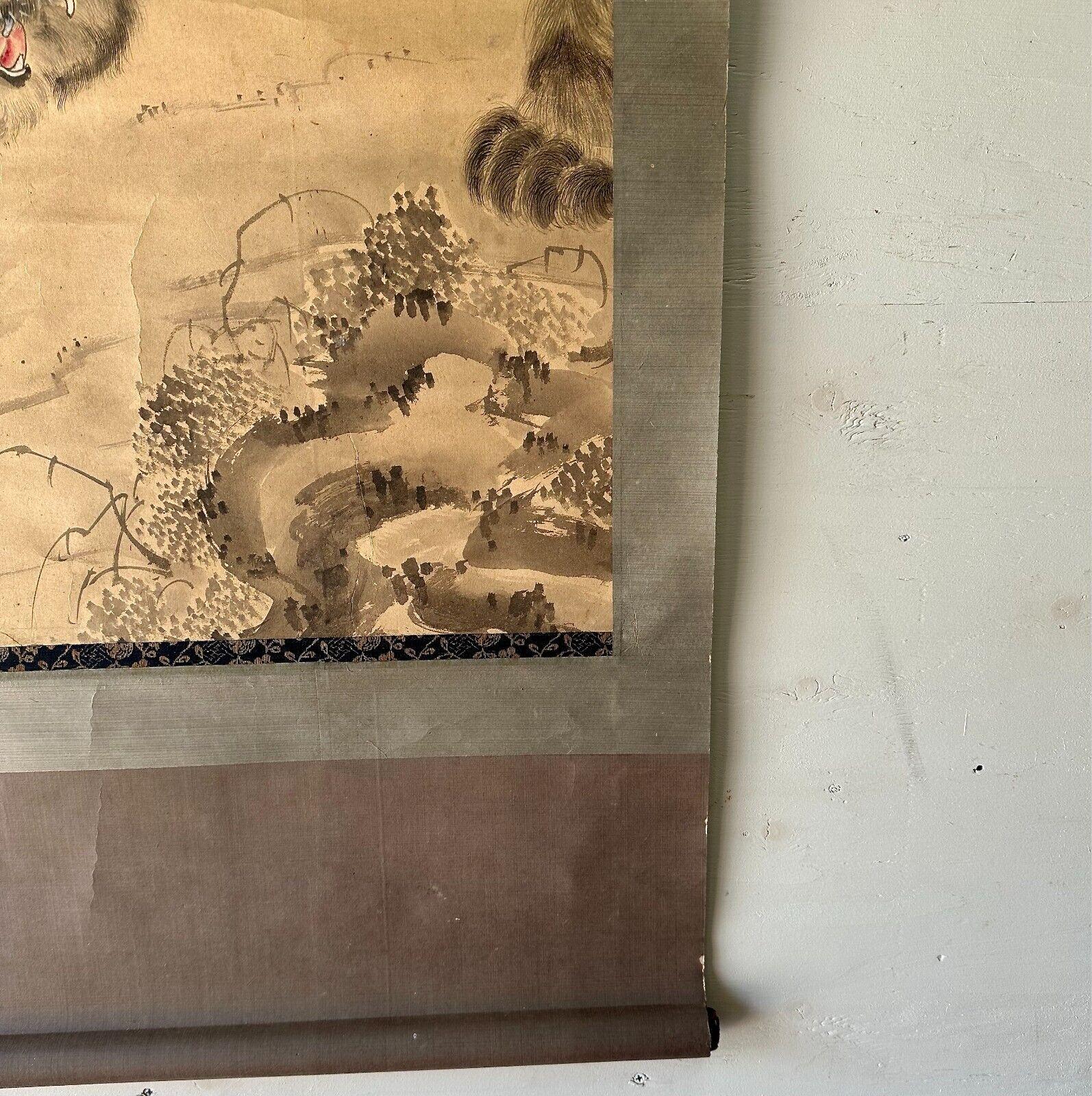 Pergamino antiguo firmado japonés con Tigre Época Edo Siglo 18 Pintado a mano