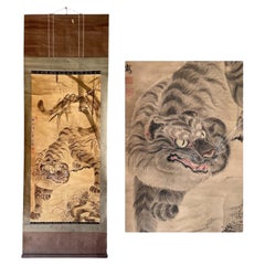 Pergamino antiguo firmado japonés con Tigre Época Edo Siglo 18