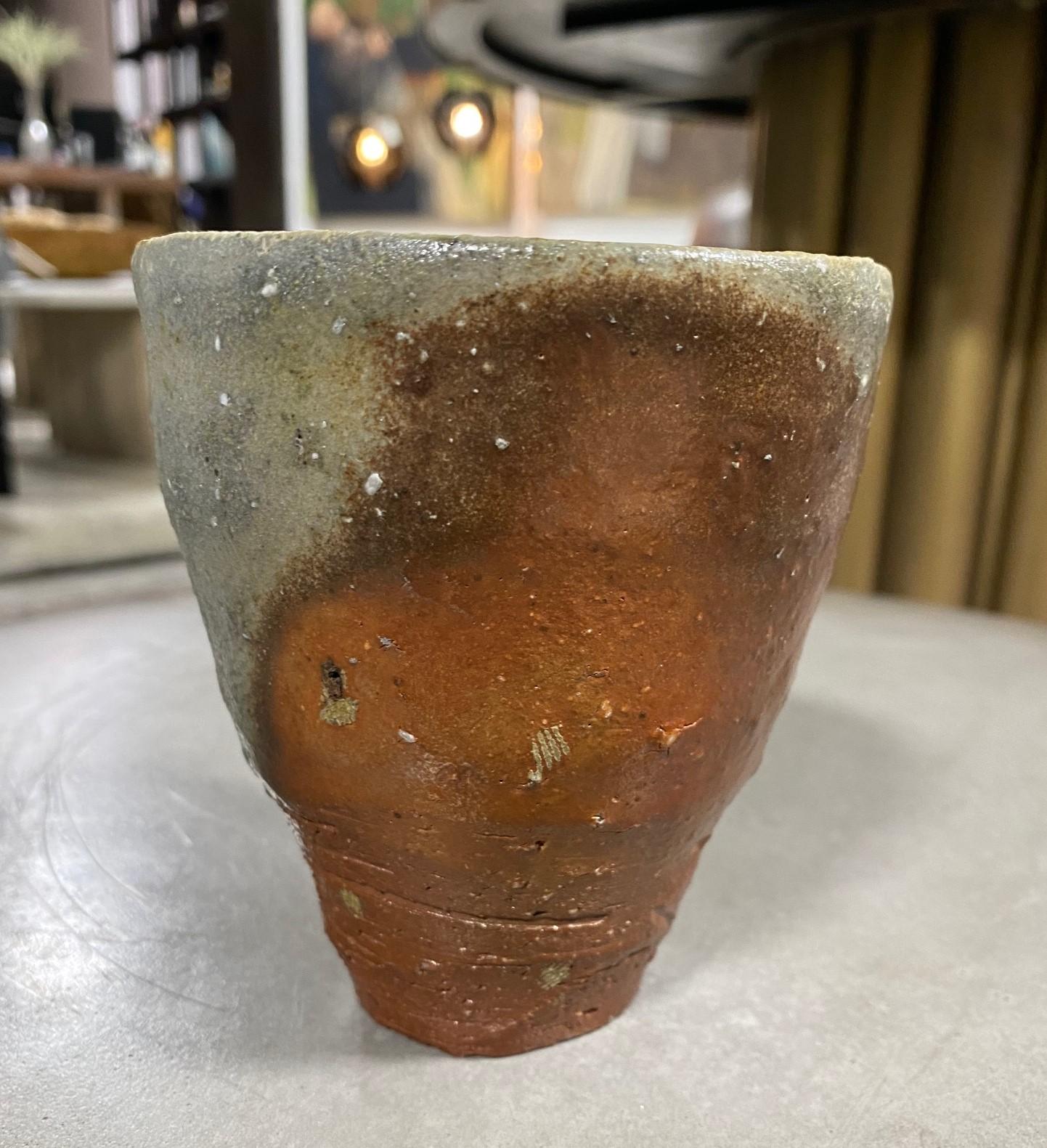 Showa Japanese Signed Bizen Yaki Ware Ash Glaze Pottery Wabi-Sabi Tea Cup Vase
