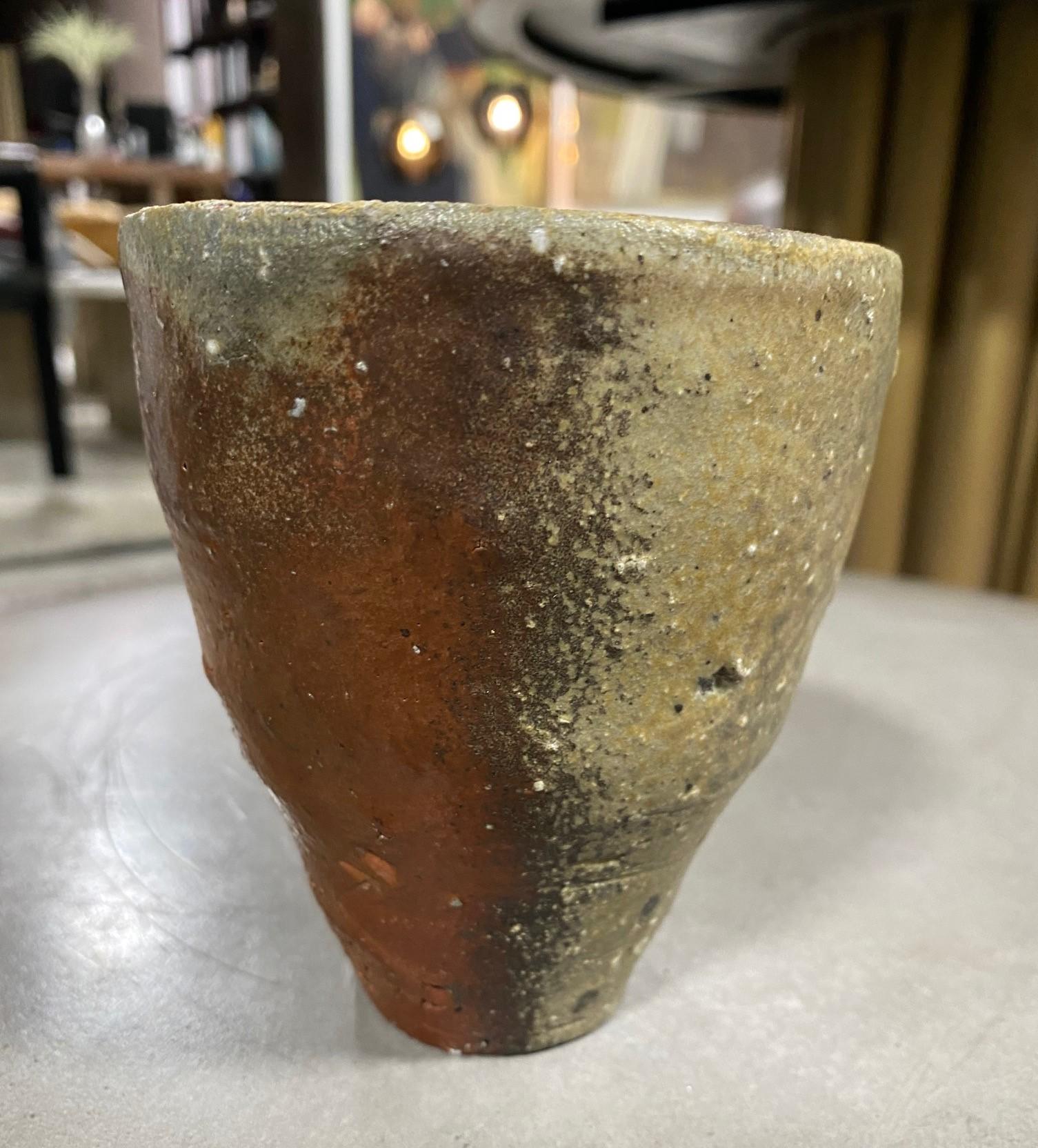 Fired Japanese Signed Bizen Yaki Ware Ash Glaze Pottery Wabi-Sabi Tea Cup Vase