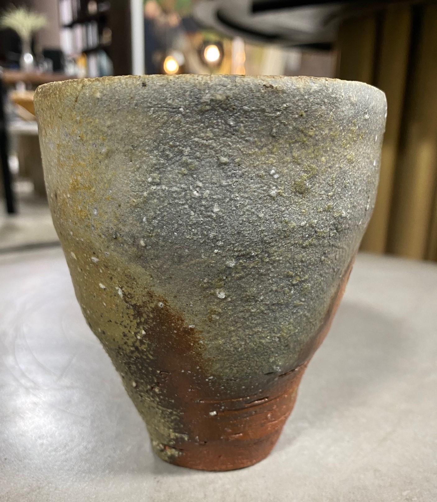 Japanese Signed Bizen Yaki Ware Ash Glaze Pottery Wabi-Sabi Tea Cup Vase 1