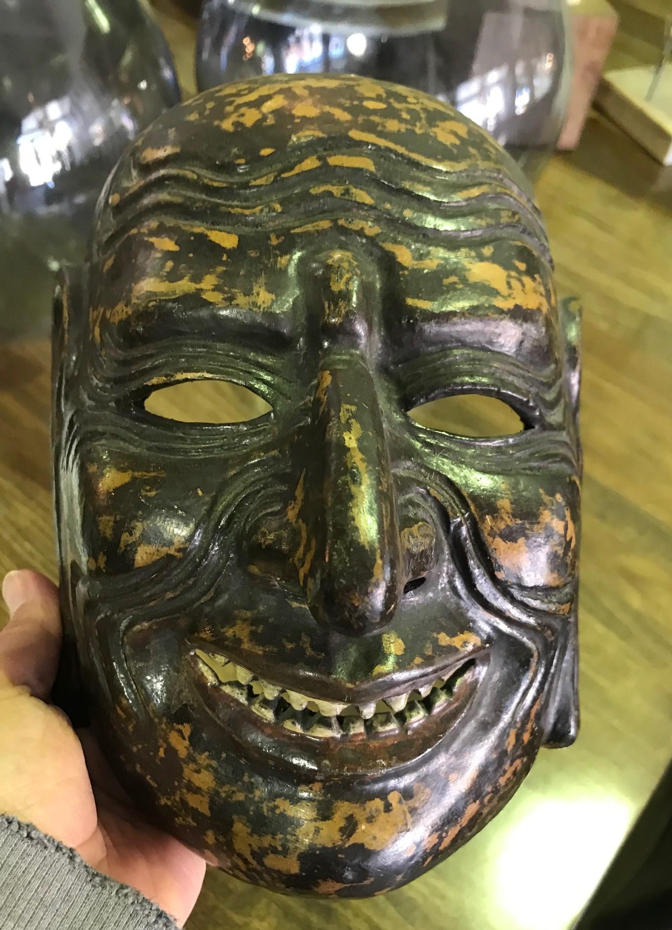 Japanese Signed Gigaku Noh Theater Meiji Mask of Taikofu the Elderly Widower In Good Condition In Studio City, CA