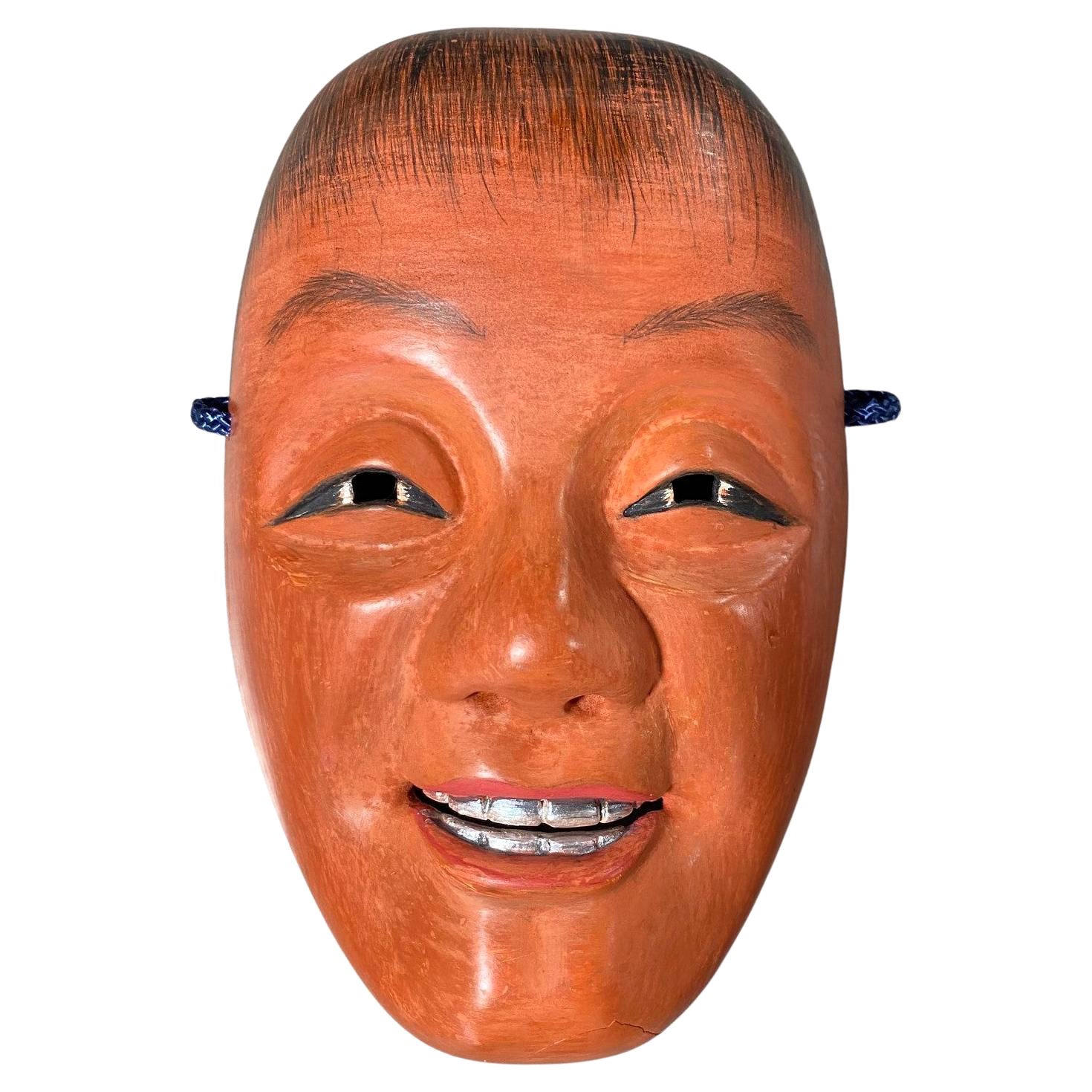 Maschera del teatro Noh giapponese firmata e intagliata a mano in legno di Shojo, primo periodo Showa