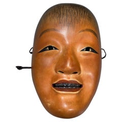 Masque de théâtre japonais Shojo en bois sculpté à la main et signé, période Showa
