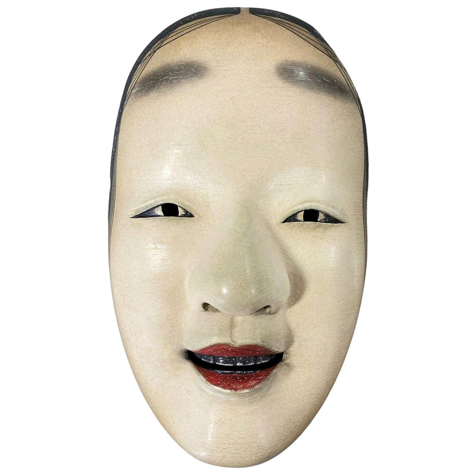Maschera giapponese firmata e intagliata a mano in legno per il teatro Noh OMI con scatola personalizzata del 1900