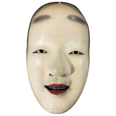 Maschera giapponese firmata e intagliata a mano in legno per il teatro Noh OMI con scatola personalizzata del 1900