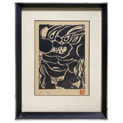Japanese Signed Limited Edition Black White Woodblock Print Mythological Demon