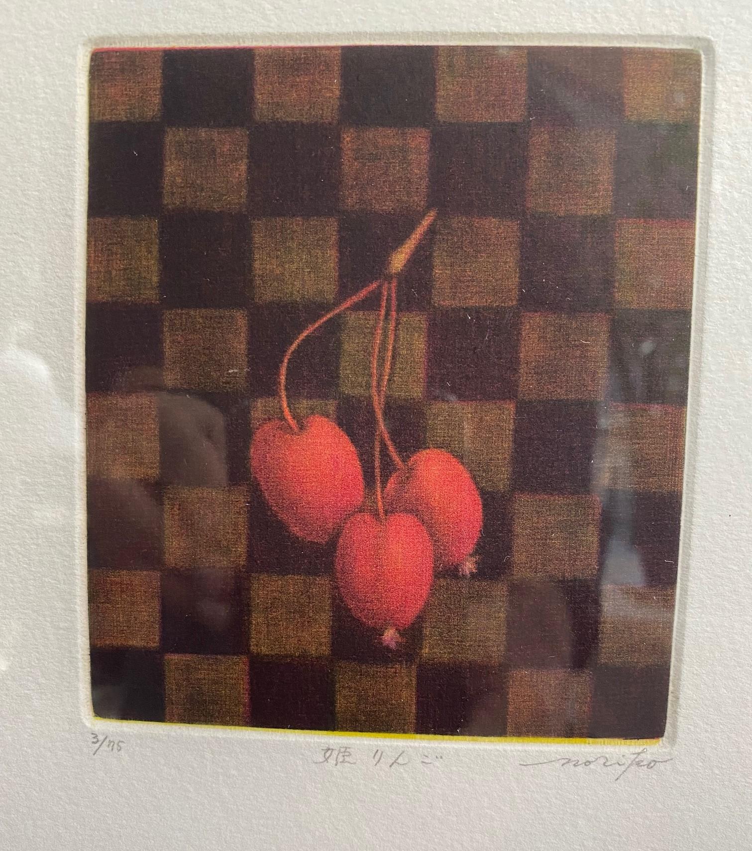 Showa Japanese Signed Limited Edition Mezzotint Fruit Crab Apple Still Life Print For Sale