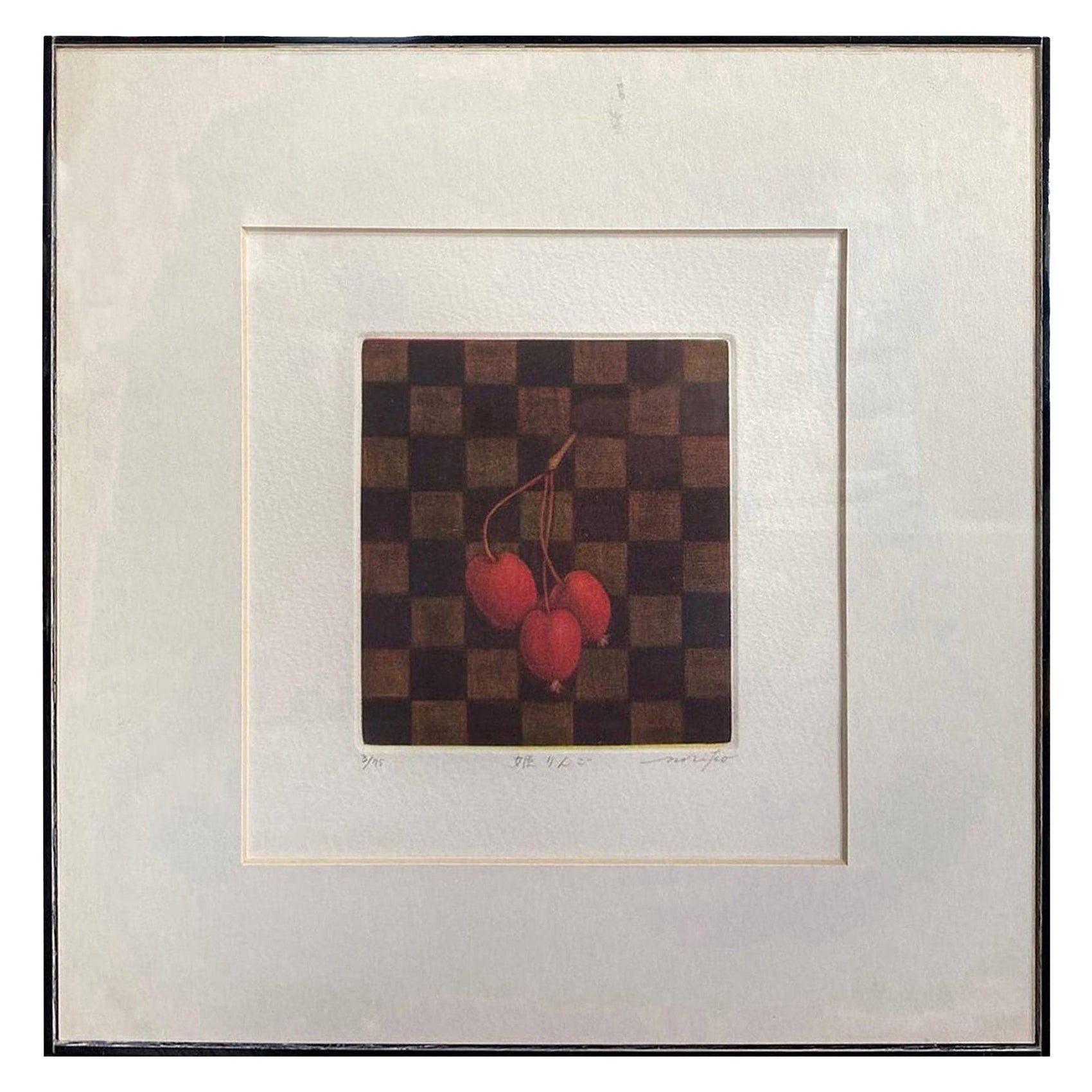 Japanischer japanischer signierter Mezzotint-Stilllebendruck in limitierter Auflage mit Obstschalen- und Apfelmotiv