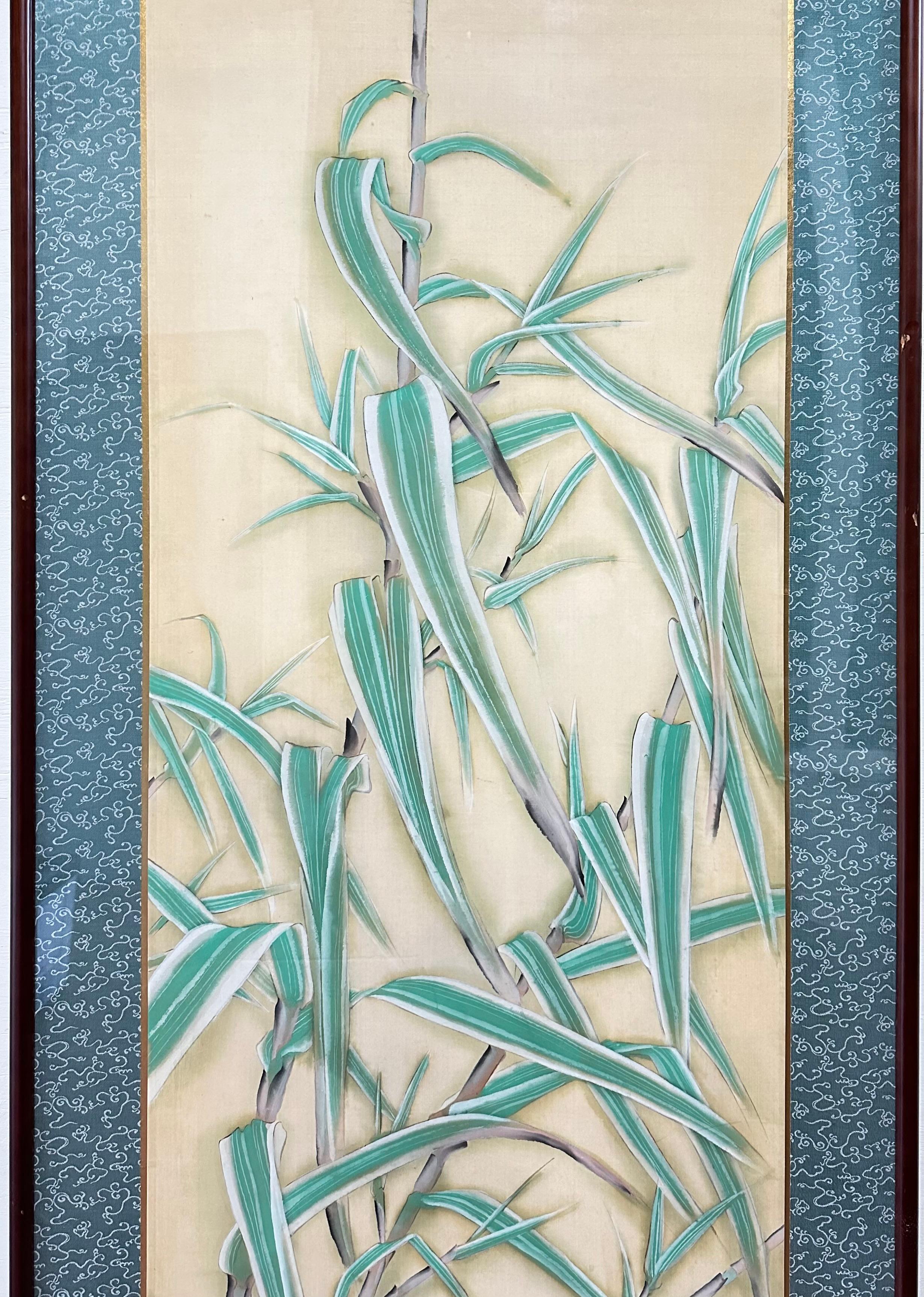 Hand-Painted Japanese Signed painting on silk depicting Bamboo and Bird For Sale