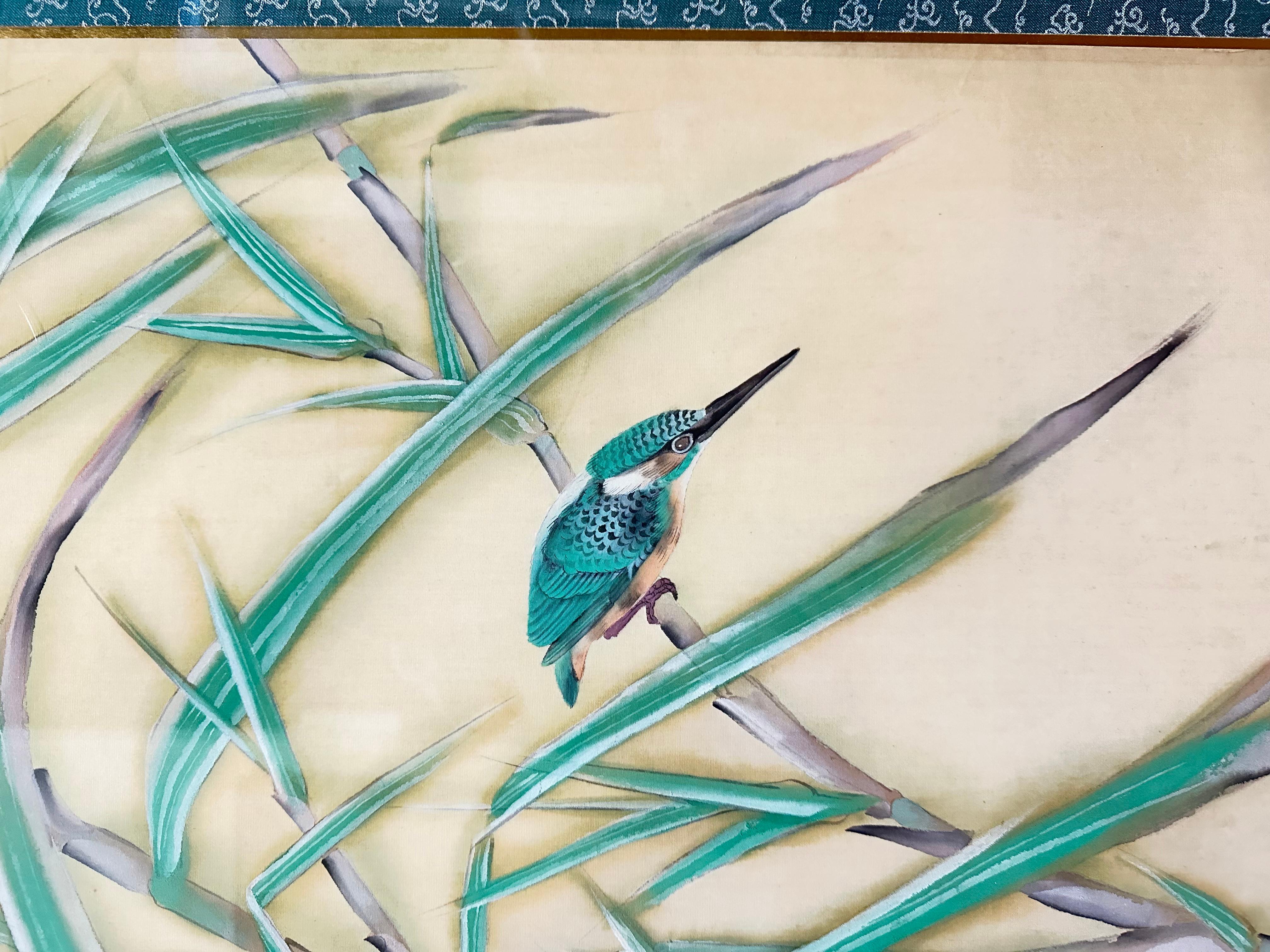 20th Century Japanese Signed painting on silk depicting Bamboo and Bird For Sale