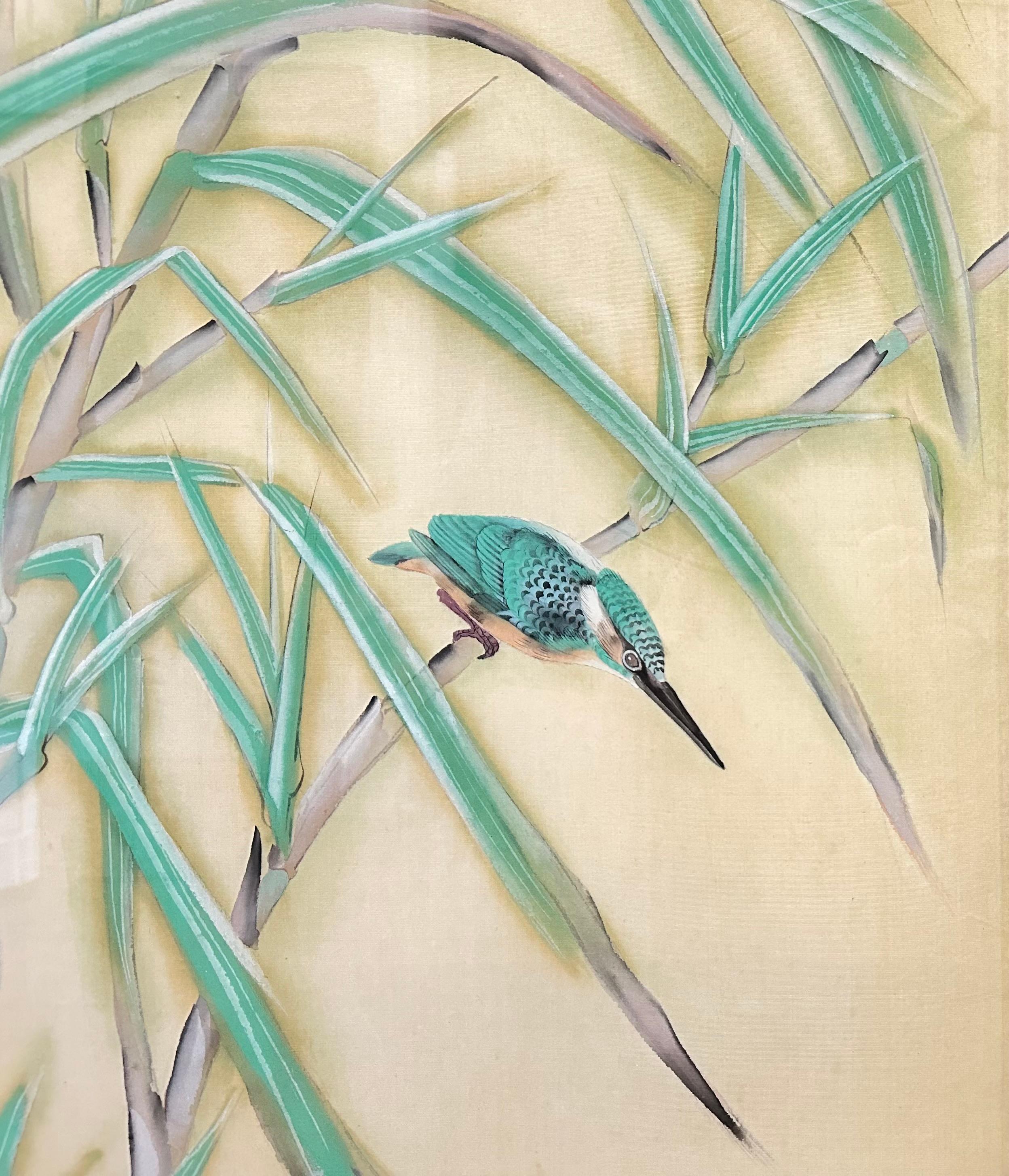 Silk Japanese Signed painting on silk depicting Bamboo and Bird For Sale
