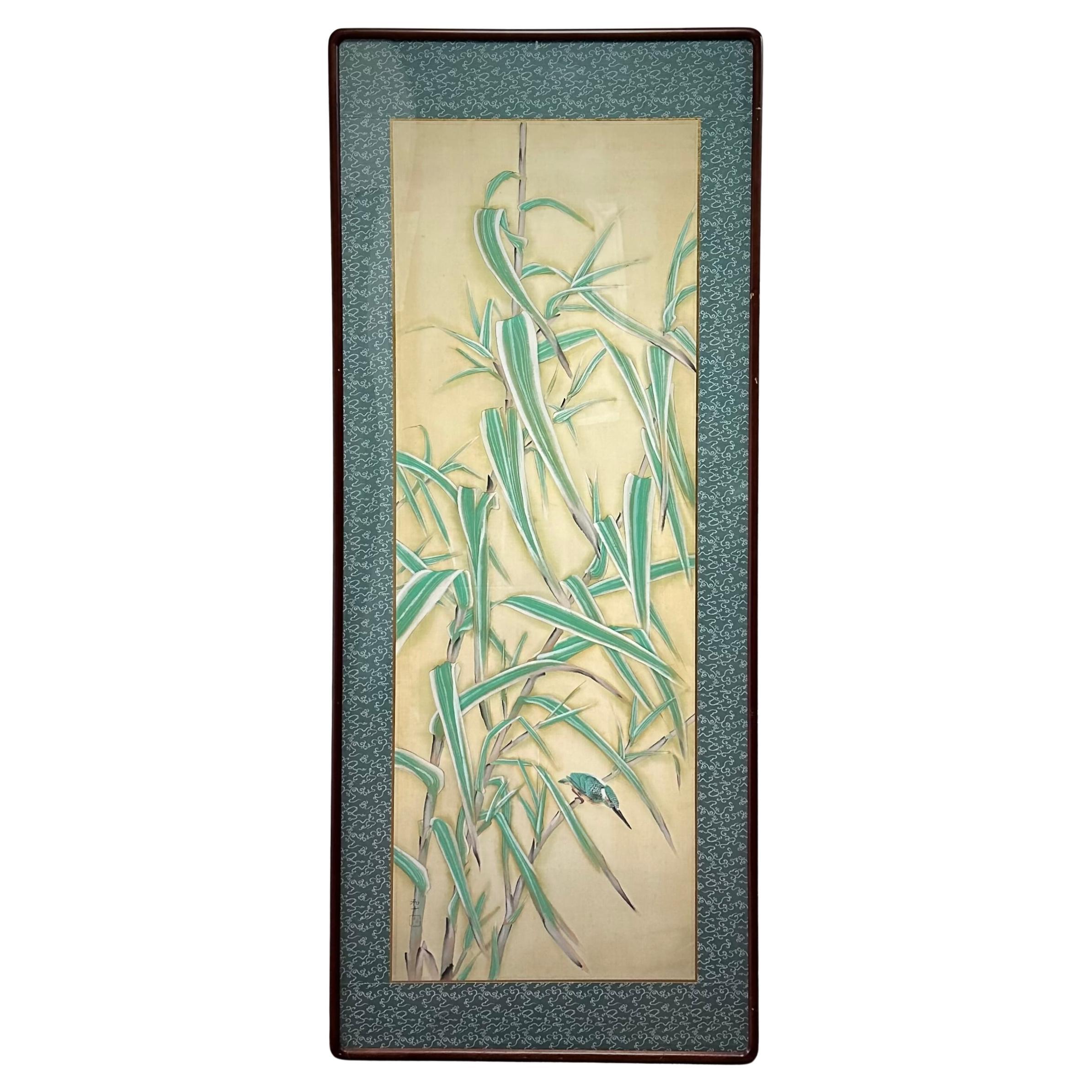 Japanese Signed painting on silk depicting Bamboo and Bird
