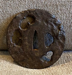 Japanese Signed Shoami Edo Samurai Tsuba Sword Hand Guard with Cloud Design