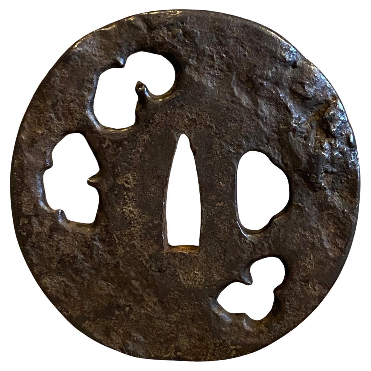 Japanese Signed Shoami Edo Samurai Tsuba Sword Hand Guard with Cloud Design