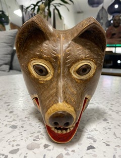 Japanese Signed Showa Carved Wood Kyogen Noh Theater Raccoon Dog Tanuki Mask