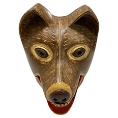 Japanese Signed Showa Carved Wood Kyogen Noh Theater Raccoon Dog Tanuki Mask